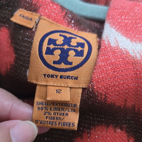 TORY BURCH Linen Shift Women Dress Coral Brown Metallic Geometric Size 12 #215 - Picture 9 of 9